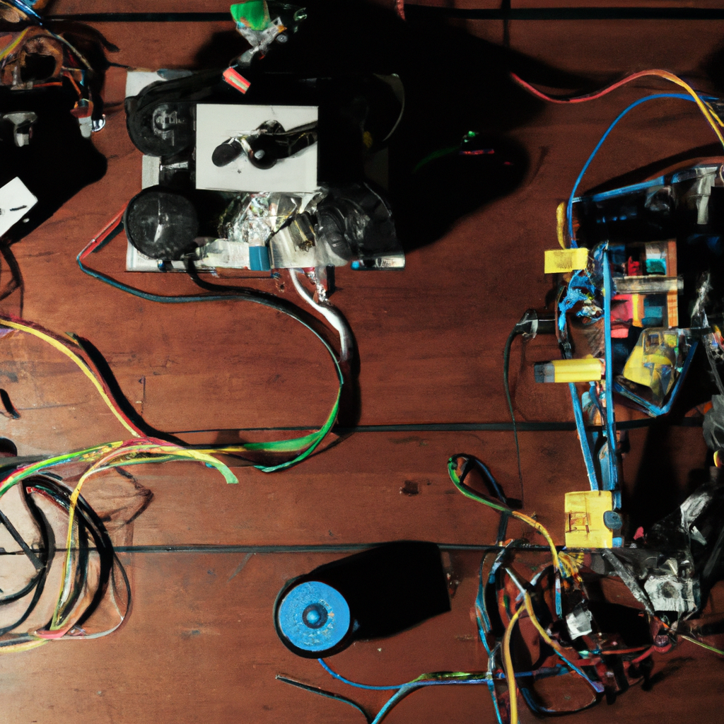 Kit de démarrage robotique: microcontrôleur, capteurs, moteurs, câbles, sur table en bois